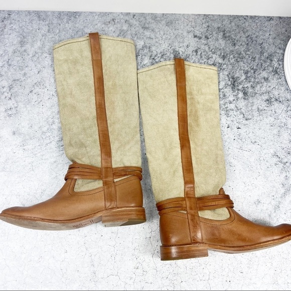 Frye Melissa Canvas and Leather Tall Boots Brown Size 6 - Picture 4 of 11